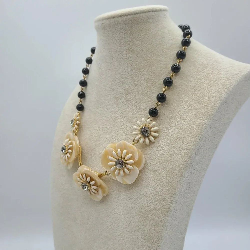 Talbots Black Bead Flower Necklace with Crystals NWOT! - Picture 8 of 11